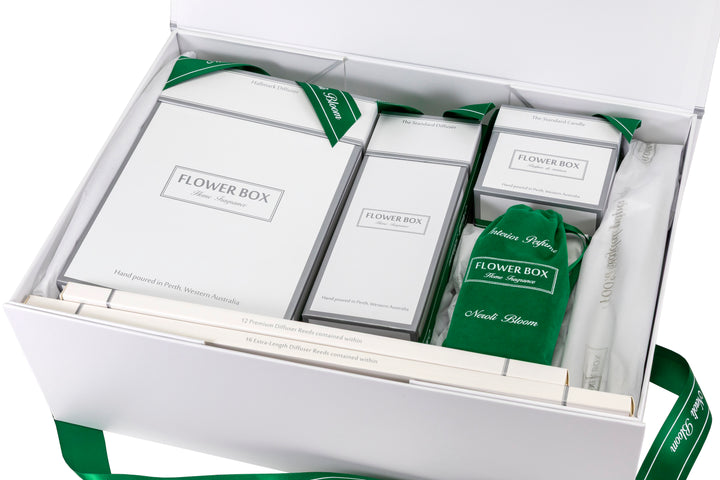Flower box set with white and green packaging on a white background