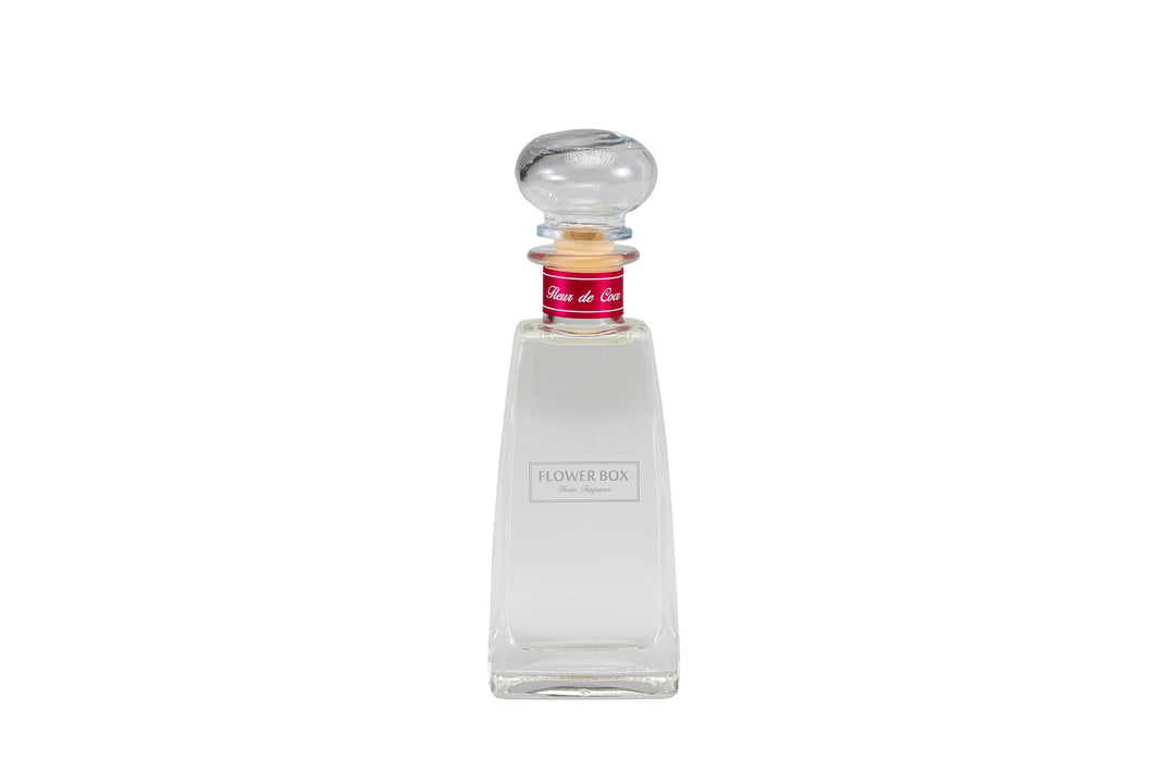 Diffuser reed bottle with a white label on a white background