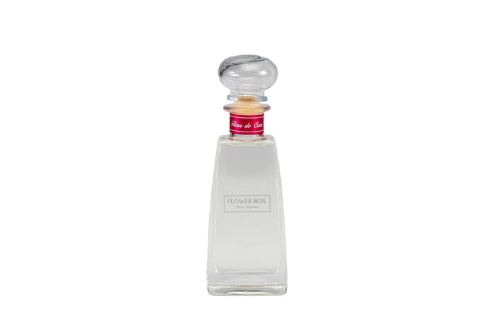 Diffuser reed bottle with a white label on a white background