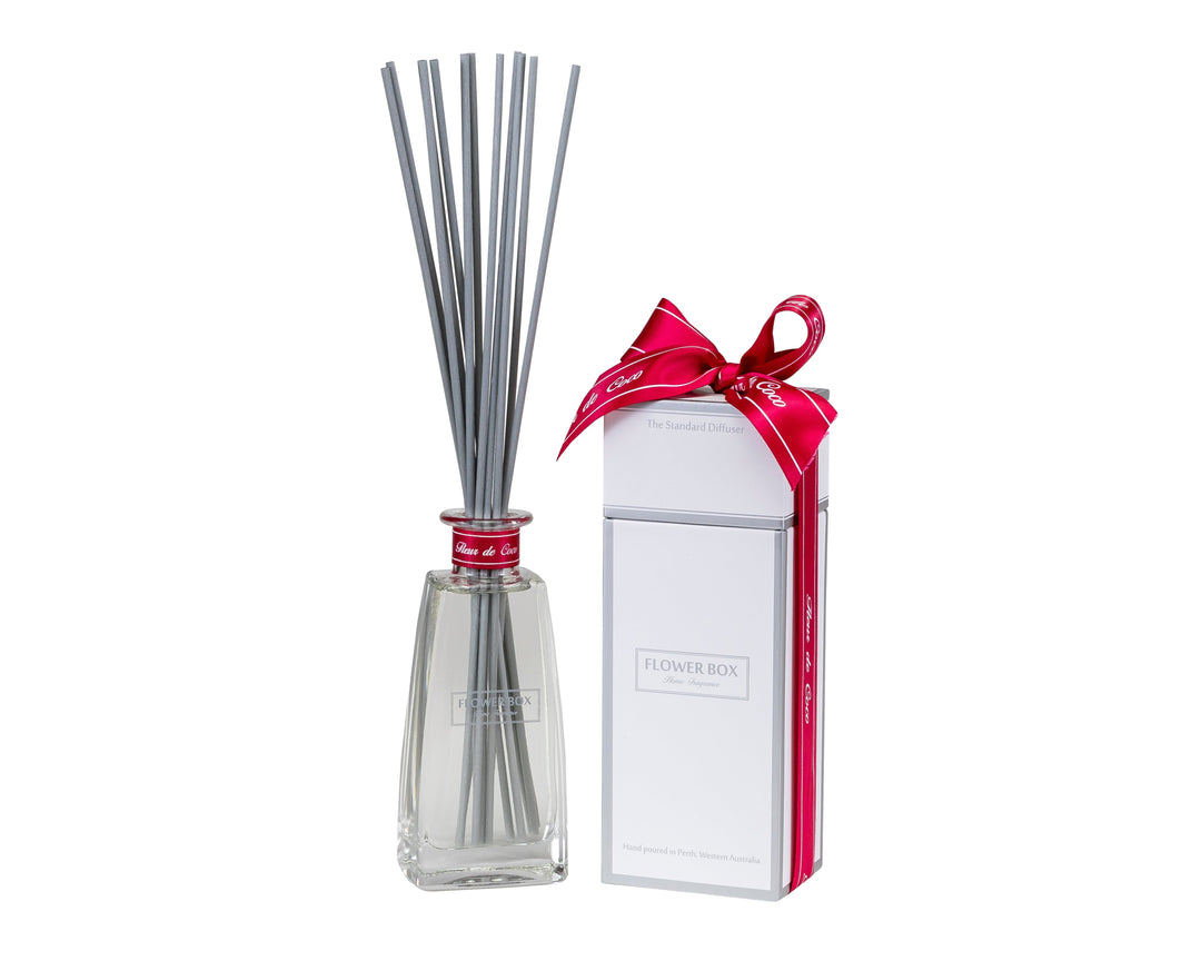 Diffuser with reeds and packaging on a white background
