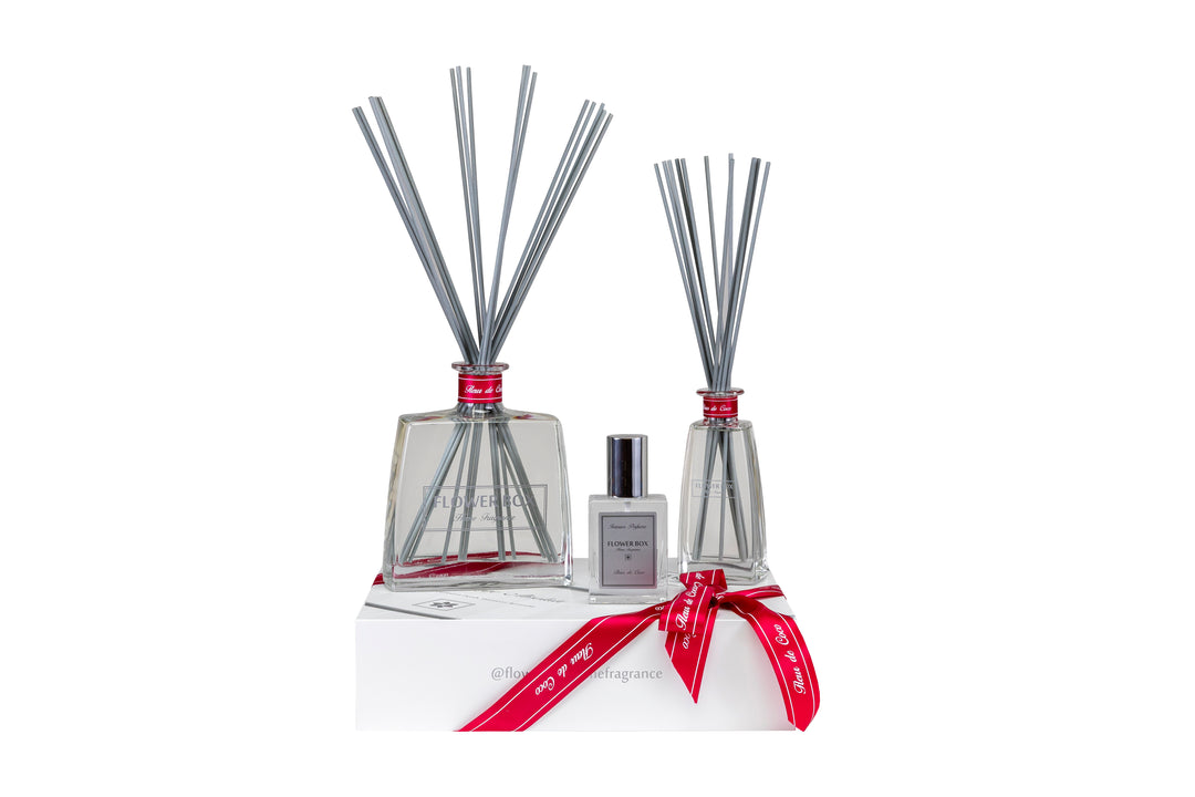 Gift package of interior fragrance diffusers with reeds and room spray