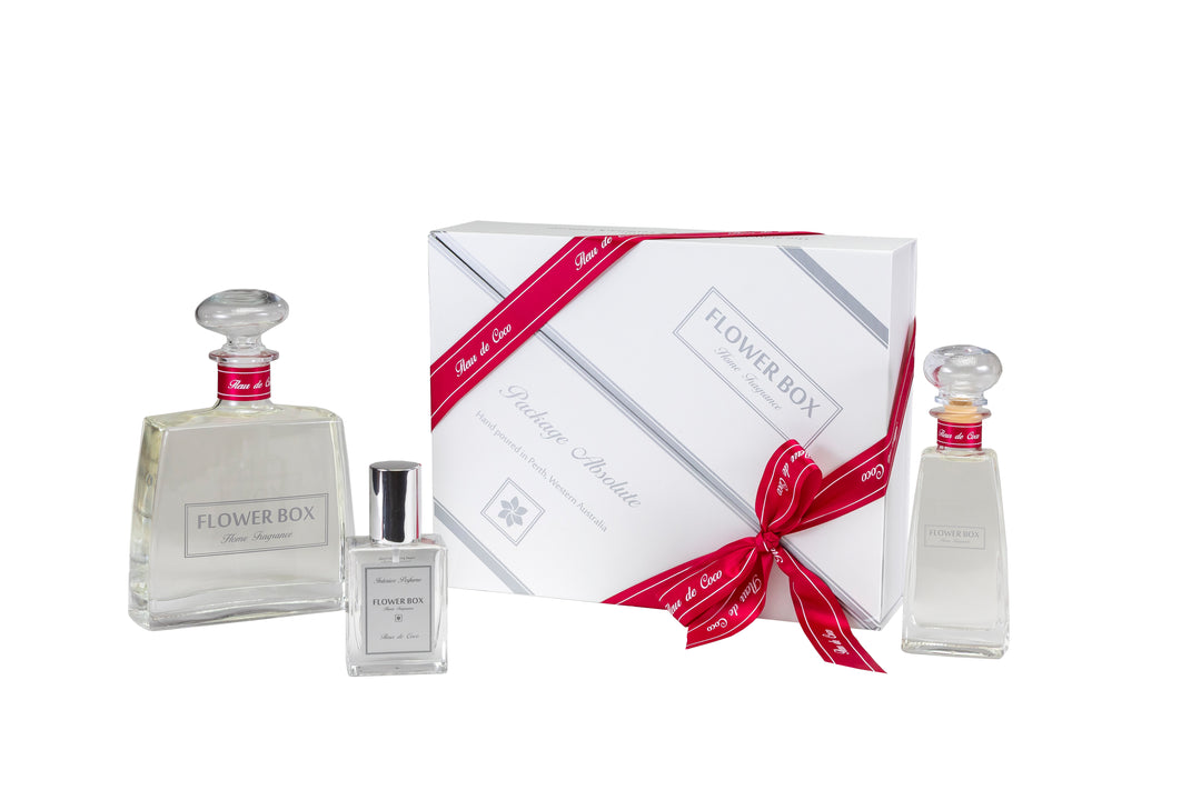 Perfume bottles and packaging with 'Flower Box' branding on a white background