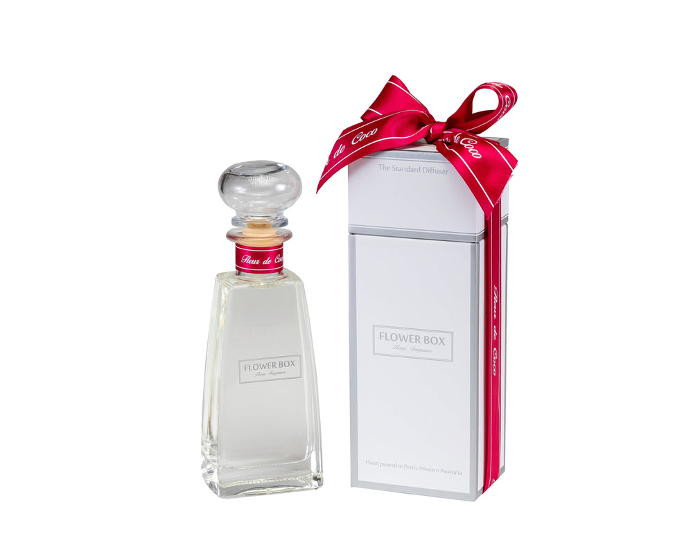 Diffuser reed bottle and packaging with a pink bow on a white background