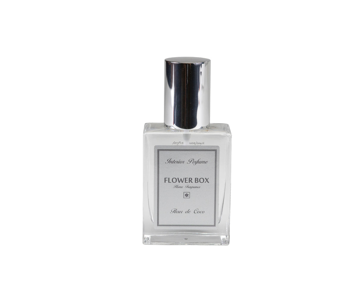 Interior Perfume spray bottle labeled 'Flower Box' on a white background