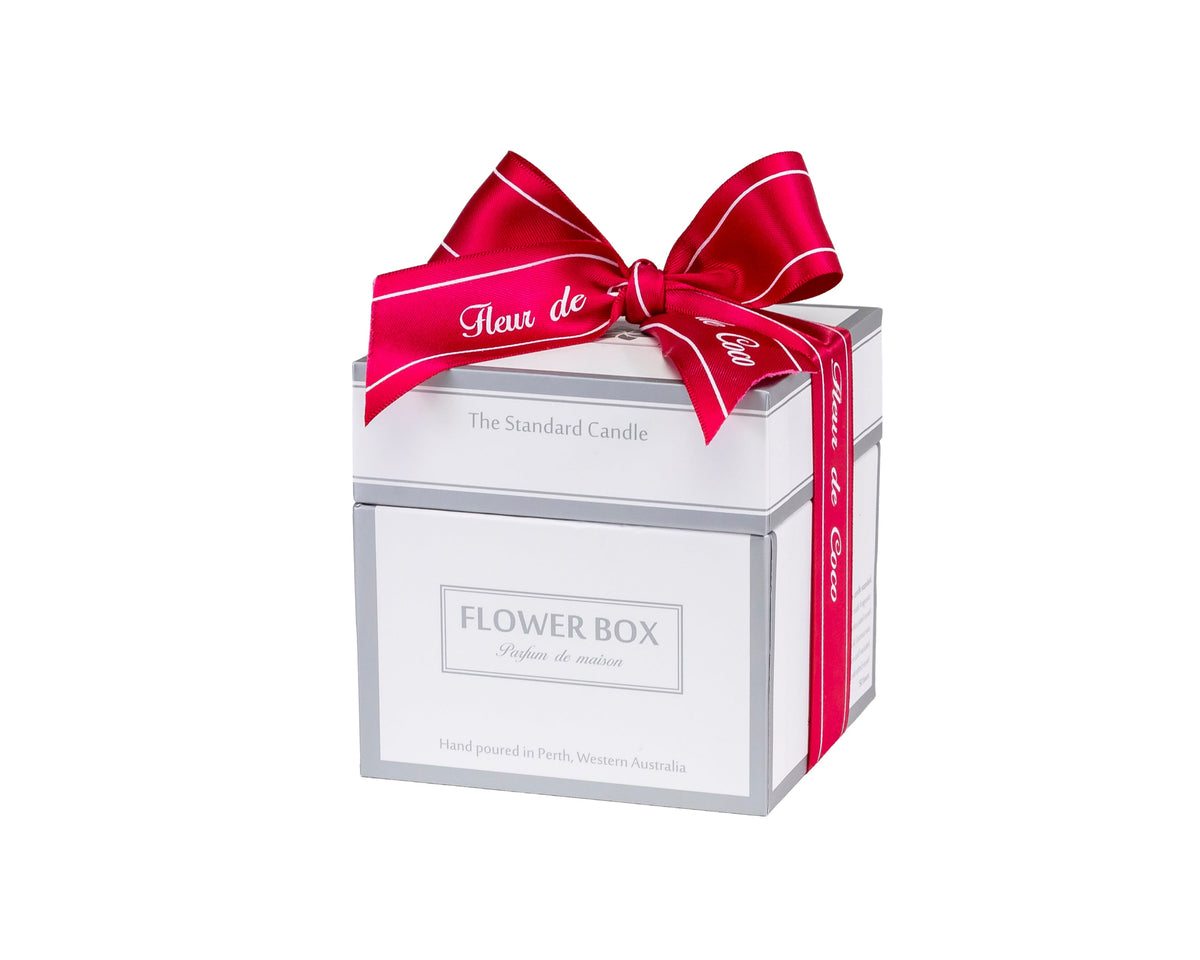 White gift box with a red ribbon labeled 'Flower Box' on a white background