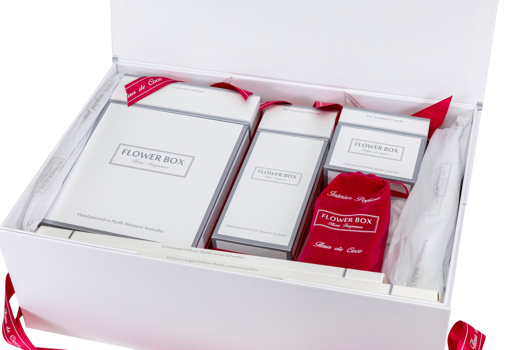 Flower Box gift set with white and red packaging on a white background