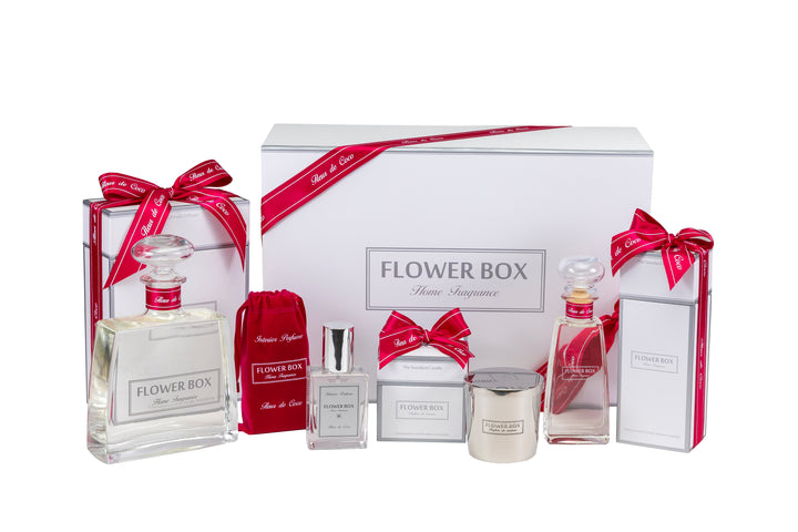Flower Box home fragrance gift package set with various products on a white background